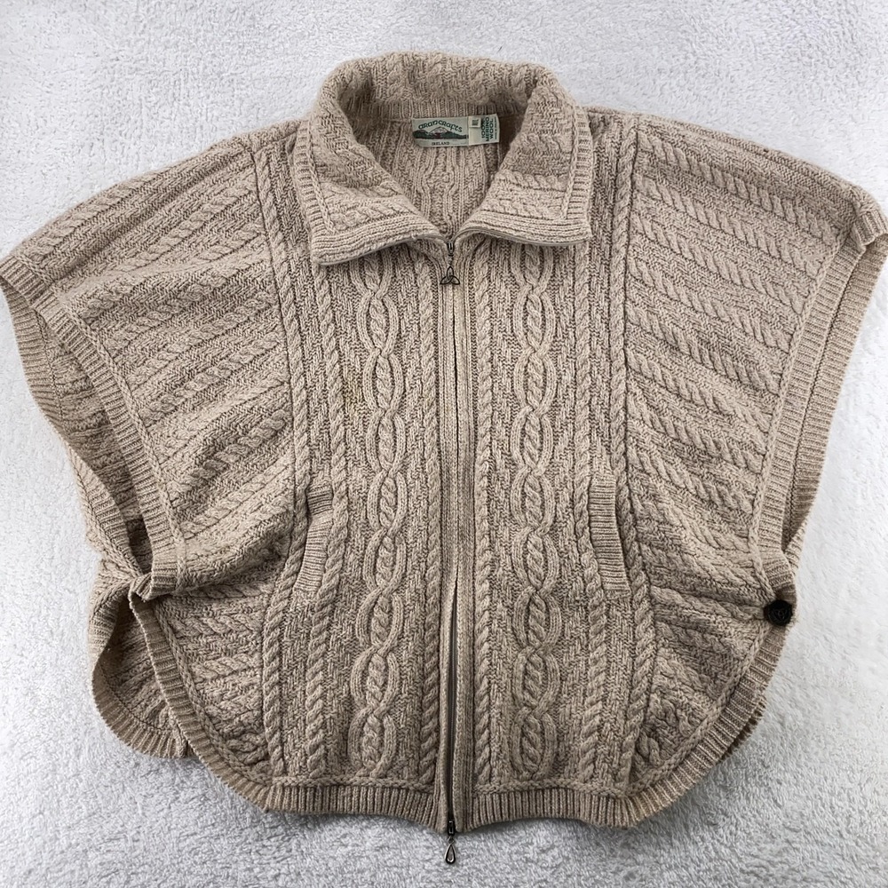 Aran Crafts Sweater Womens Medium Tanâ Wool Cable Knit Zip Poncho Ireland Button